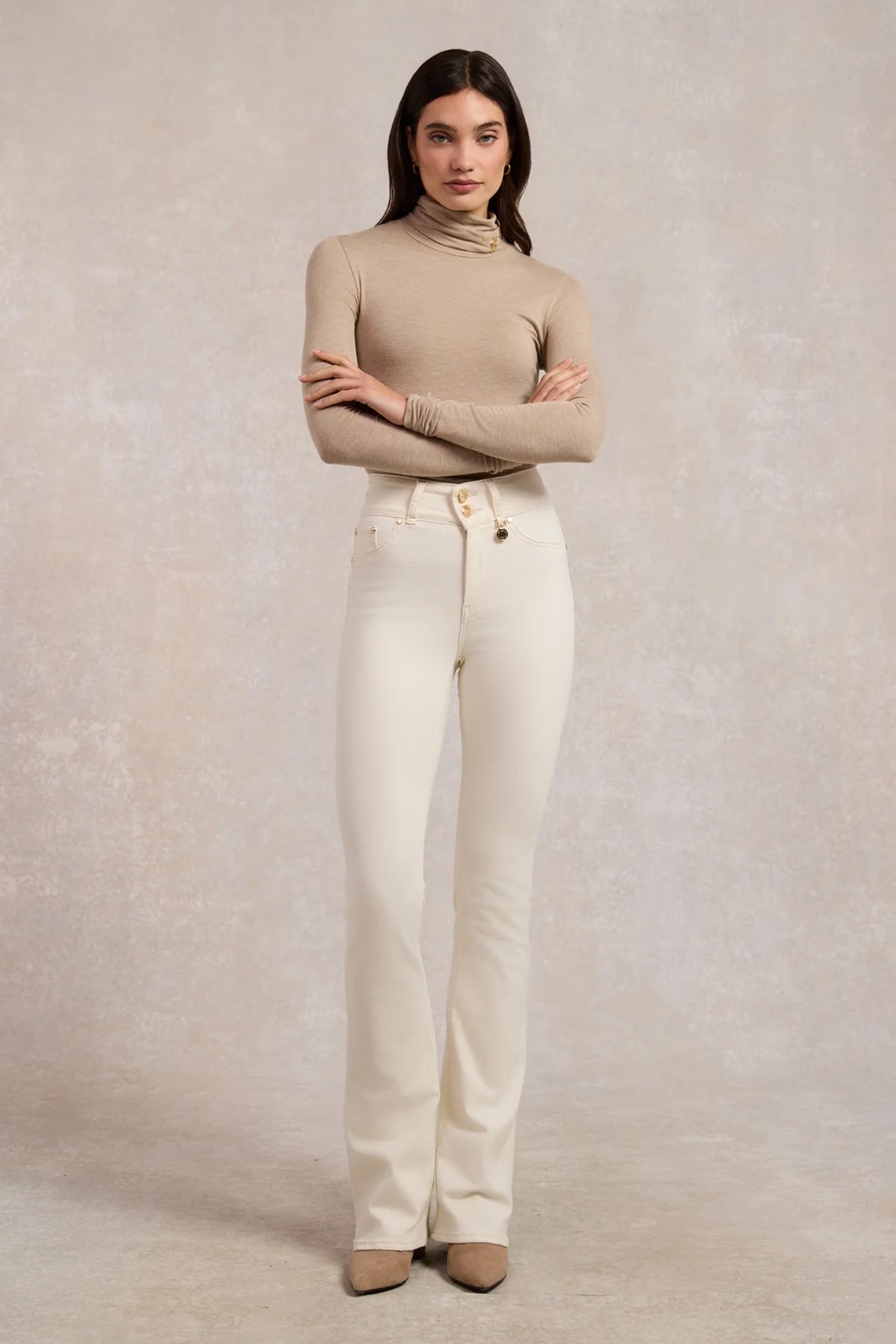 Holland Cooper High Rise Flared Jean #Colour_Oatmeal