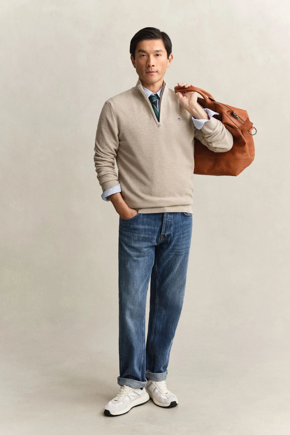 GANT Oat Melange Micro Textured Cotton Half Zip #Colour_Oat Melange
