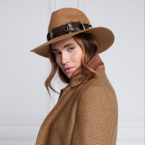 Holland Cooper Trilby Hat Iridescent Feather Band - Camel