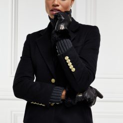 Cashmere Lined Faux Trim Leather Gloves - Black