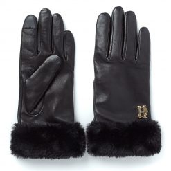 Cashmere Lined Faux Trim Leather Gloves - Black