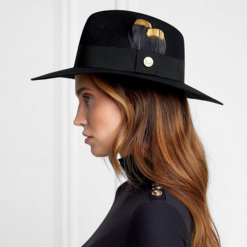 Trilby Hat Gold Feather - Black