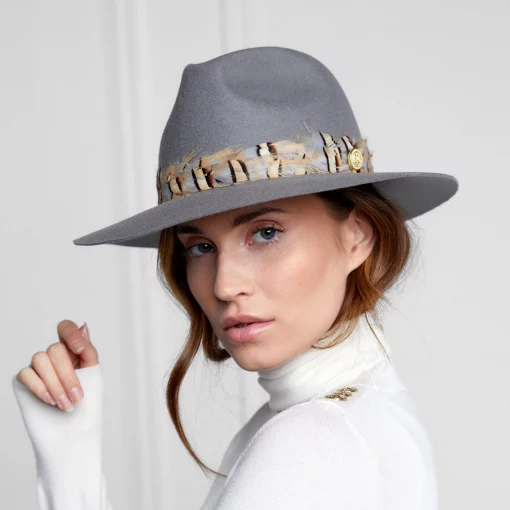 Holland Cooper Trilby Hat Double Feather Band Light Grey