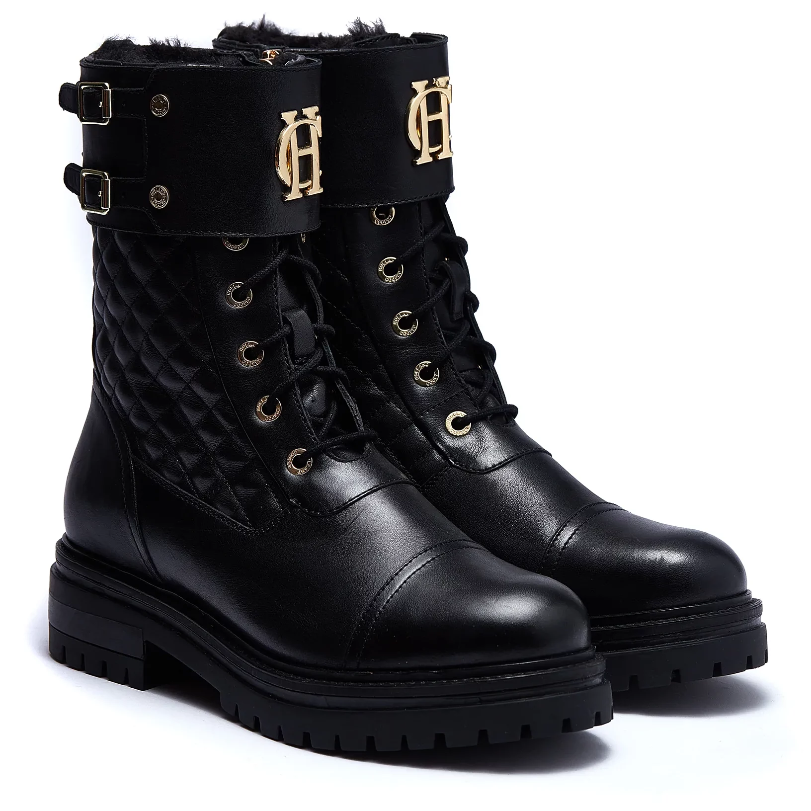 guess black boots gold buckle