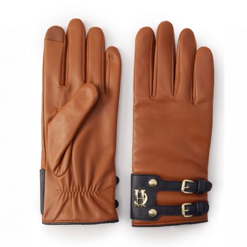 Holland Cooper contrast leather gloves tan ink navy