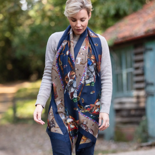 Clare Haggas It's a Dog's Life Navy & Fawn Wool Silk Wrap