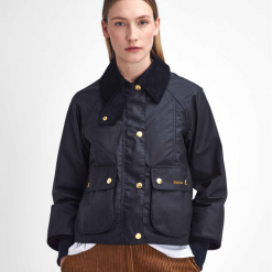 Barbour Cropped Beadnell Wax Jacket Black Classic Tartan