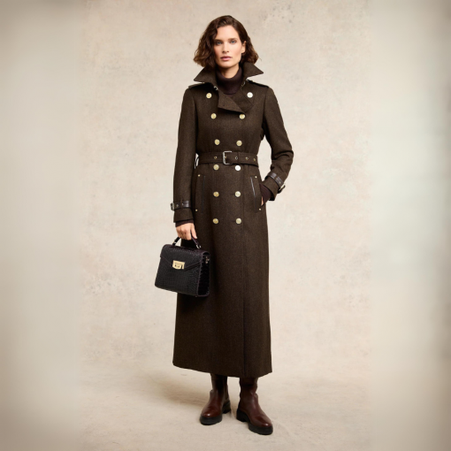 Holland Cooper Full Length Marlborough Trench Coat - Chocolate Herringbone