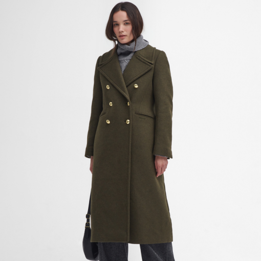 bARBOUR REVA DOUBLE BREASTED FULL LENGTH COAT OLIVE