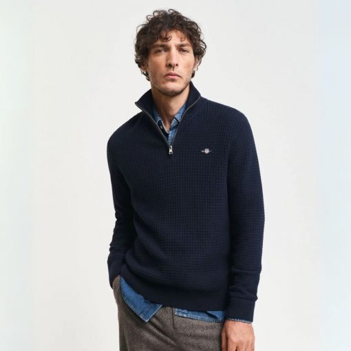 GANT Textured Cotton Half-Zip Sweater - Evening Blue